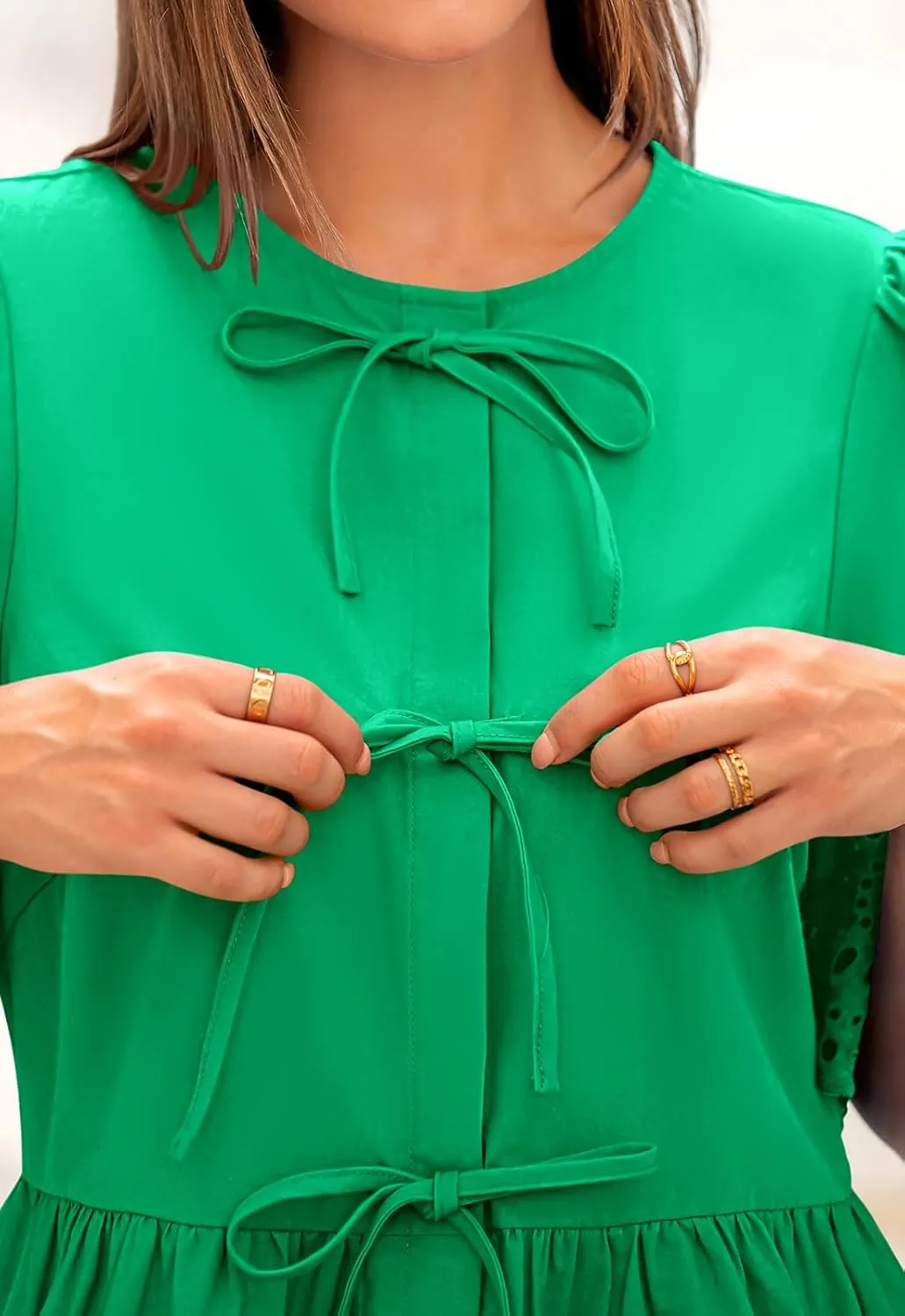 PRETTYGARDEN Tie Front Peplum Tops for Women Summer Y2K Short Sleeve Babydoll Cute Going Out Top Eyelet Blouse Shirt