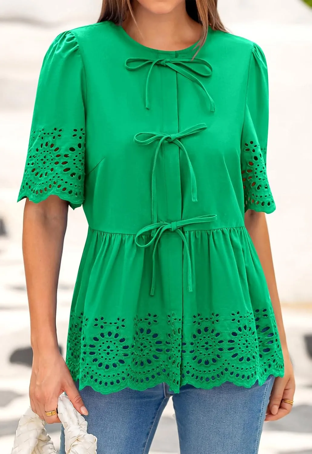 PRETTYGARDEN Tie Front Peplum Tops for Women Summer Y2K Short Sleeve Babydoll Cute Going Out Top Eyelet Blouse Shirt