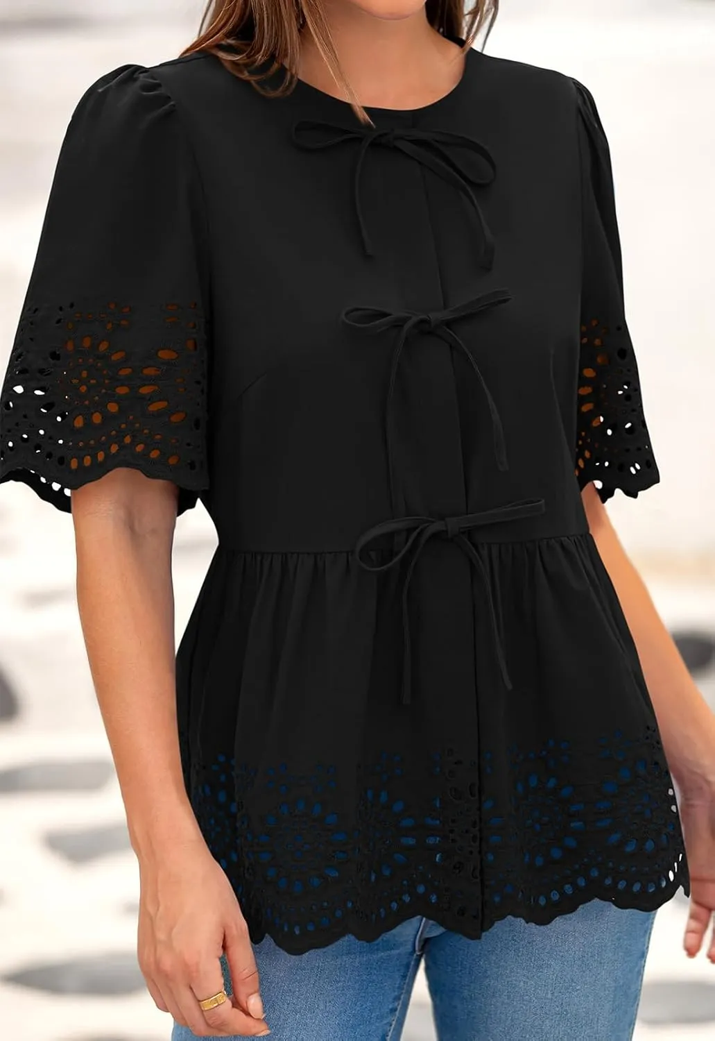 PRETTYGARDEN Tie Front Peplum Tops for Women Summer Y2K Short Sleeve Babydoll Cute Going Out Top Eyelet Blouse Shirt