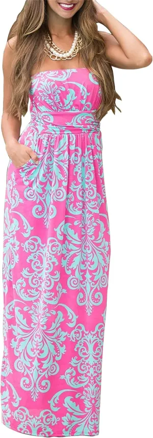 PRIMODA Womens Strapless Tube Top Maxi Dress Floral Boho Beach Dress with Pockets
