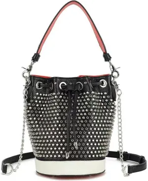Rivets Bucket Bag and Drawstring Satchel Crossbody Purse for Women Punk Handbag Tote with 2 Shouder Straps Black