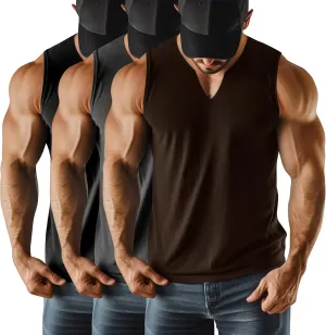 Riyiper 3 Pack Men's Sleeveless Tank Tops, V Neck Longline Henley T Shirts Casual Cotton Muscle Shirts Stretch Athletic Tee