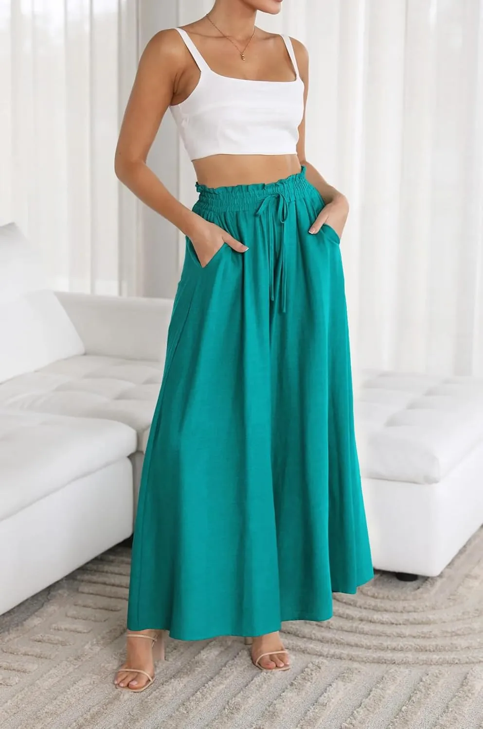 R.Vivimos Women's Wide Leg Lounge Pants Elastic High Waisted Drawstring Tie Casual Flowy Palazzo Pants Trousers with Pockets