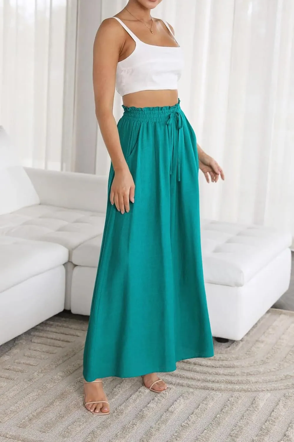 R.Vivimos Women's Wide Leg Lounge Pants Elastic High Waisted Drawstring Tie Casual Flowy Palazzo Pants Trousers with Pockets