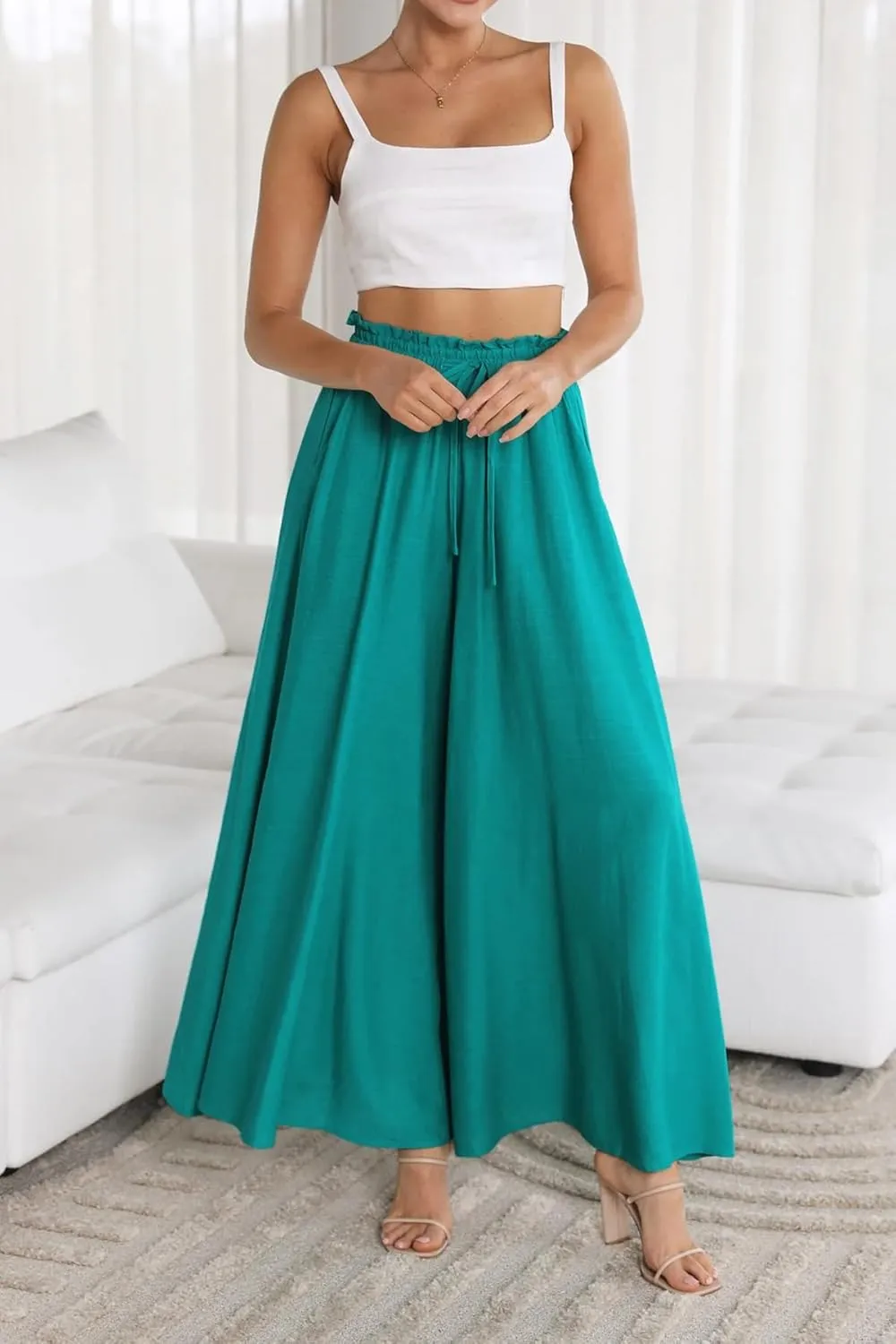 R.Vivimos Women's Wide Leg Lounge Pants Elastic High Waisted Drawstring Tie Casual Flowy Palazzo Pants Trousers with Pockets