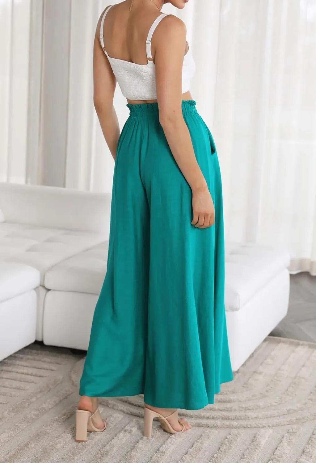 R.Vivimos Women's Wide Leg Lounge Pants Elastic High Waisted Drawstring Tie Casual Flowy Palazzo Pants Trousers with Pockets
