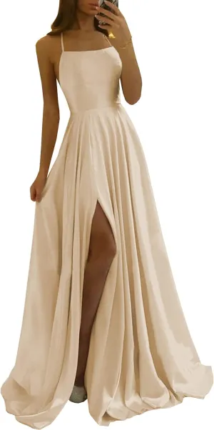 Satin Bridesmaid Dresses for Women Spaghetti Straps Prom Dress with Slit Long Ball Gowns