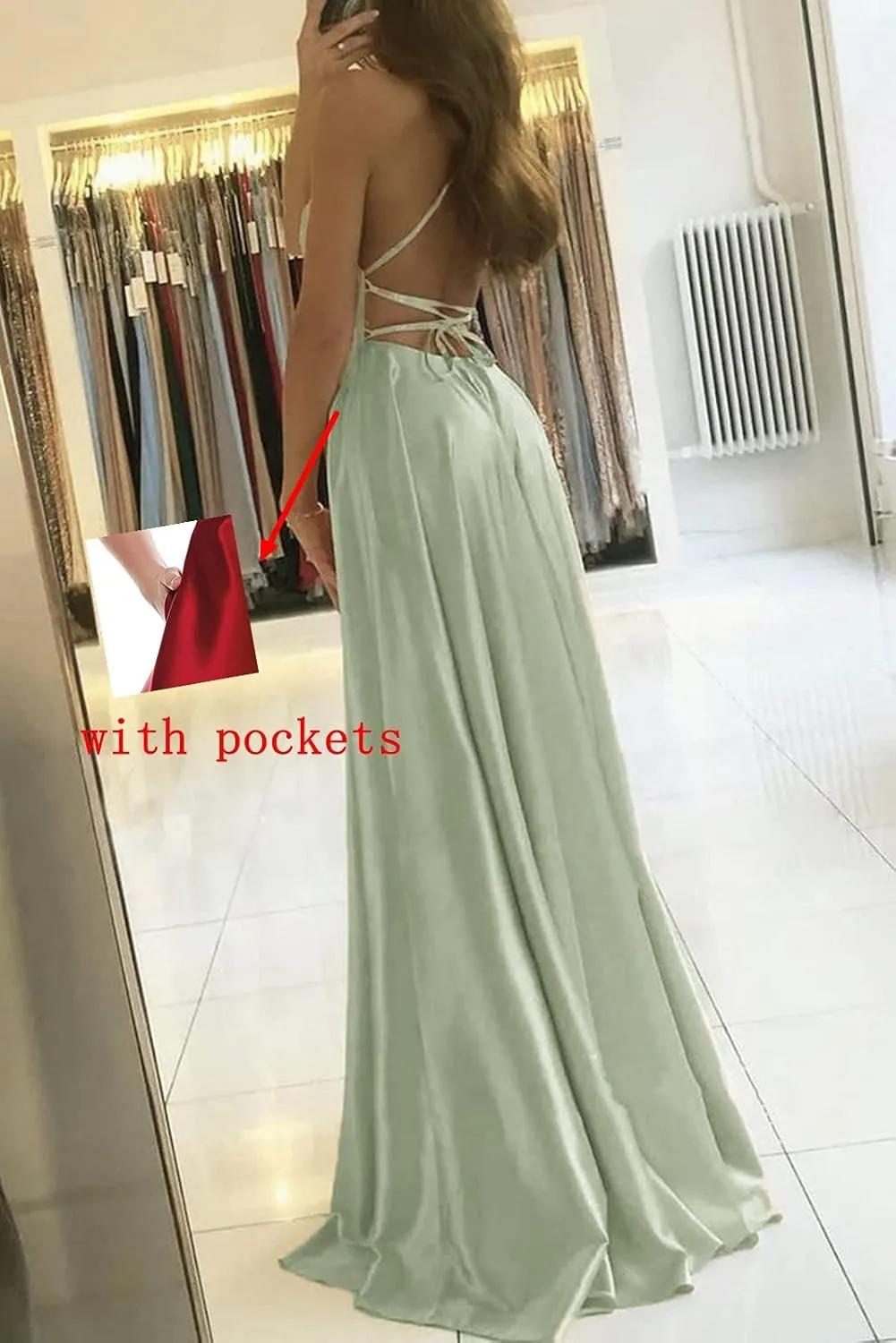 Satin Bridesmaid Dresses for Women Spaghetti Straps Prom Dress with Slit Long Ball Gowns