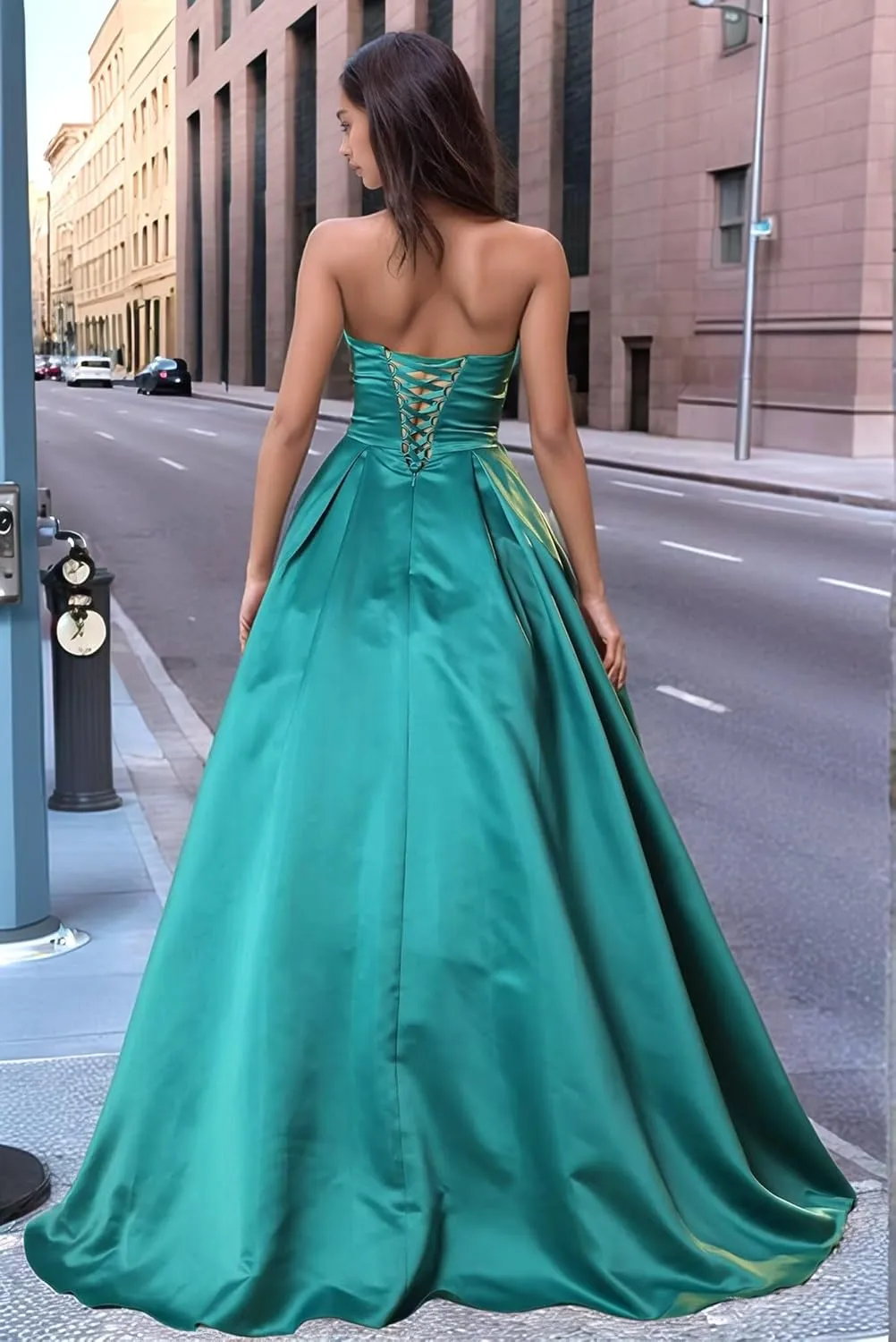 Satin Prom Dresses with Slit 2025 Spaghetti Straps V Neck Ball Gown with Pocket Long Evening Gown for Women Formal