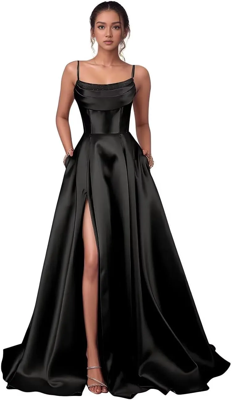 Satin Prom Dresses with Slit 2025 Spaghetti Straps V Neck Ball Gown with Pocket Long Evening Gown for Women Formal