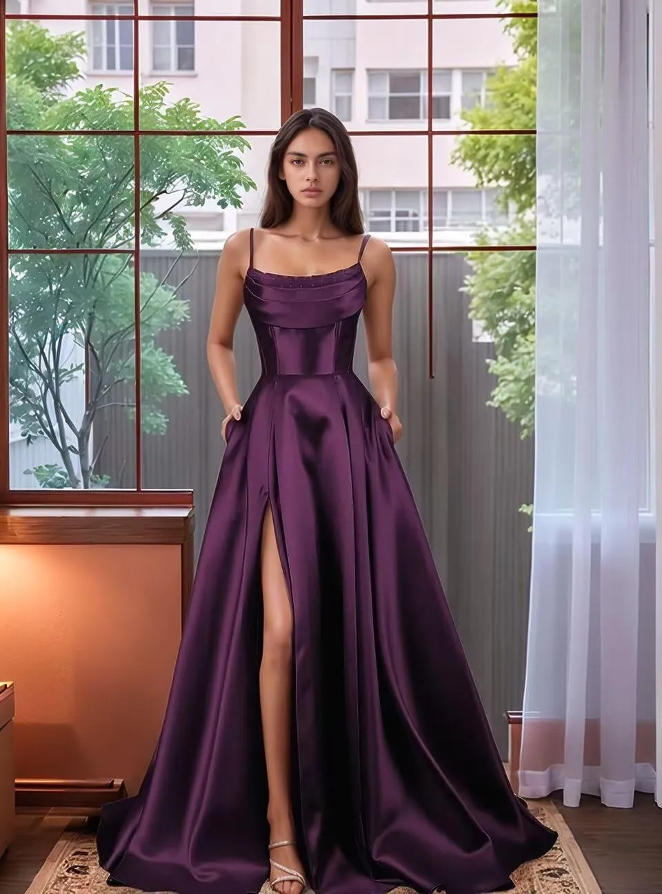 Satin Prom Dresses with Slit 2025 Spaghetti Straps V Neck Ball Gown with Pocket Long Evening Gown for Women Formal
