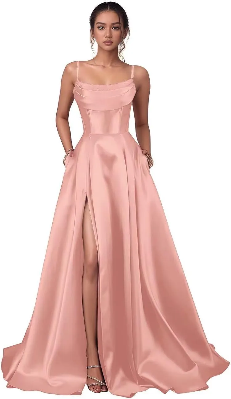 Satin Prom Dresses with Slit 2025 Spaghetti Straps V Neck Ball Gown with Pocket Long Evening Gown for Women Formal