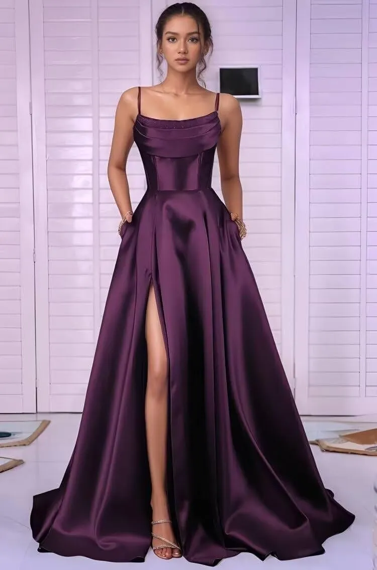 Satin Prom Dresses with Slit 2025 Spaghetti Straps V Neck Ball Gown with Pocket Long Evening Gown for Women Formal