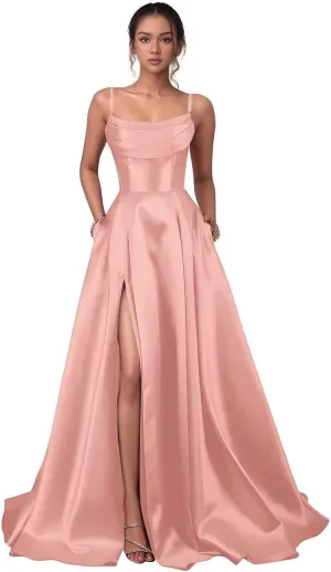 Satin Prom Dresses with Slit 2025 Spaghetti Straps V Neck Ball Gown with Pocket Long Evening Gown for Women Formal