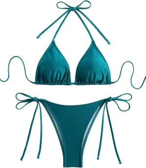 SEGT Women's 2 Piece Floral Print Halter Neck Tie Bikini Set Triangle String Thong Swimsuit Summer Bathing Suits for Women