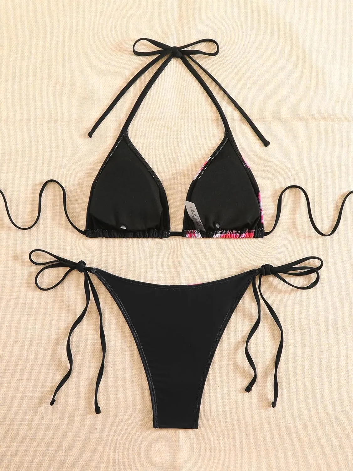 SEGT Women's 2 Piece Floral Print Halter Neck Tie Bikini Set Triangle String Thong Swimsuit Summer Bathing Suits for Women