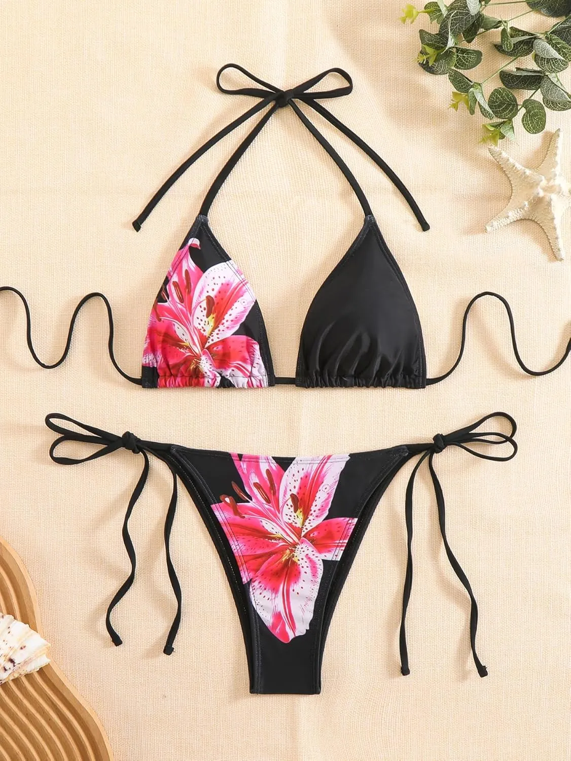 SEGT Women's 2 Piece Floral Print Halter Neck Tie Bikini Set Triangle String Thong Swimsuit Summer Bathing Suits for Women