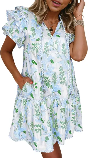 SELINK Womens Summer Dresses Casual Floral Ruffle Short Sleeve V Neck Drawstring Flowy Mini Dress Sundress