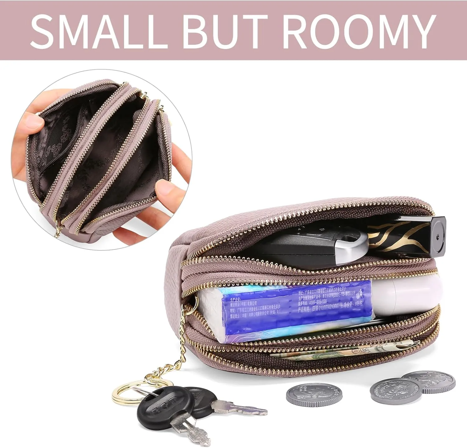SENDEFN Small Coin Purse Leather 3 Zippered Change Pouch Wallet with Key Ring for Women