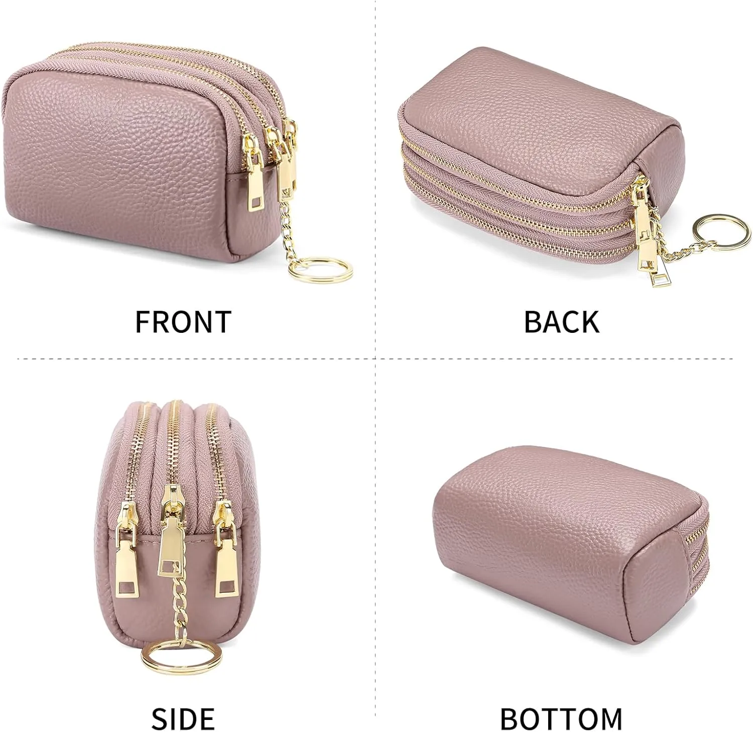 SENDEFN Small Coin Purse Leather 3 Zippered Change Pouch Wallet with Key Ring for Women