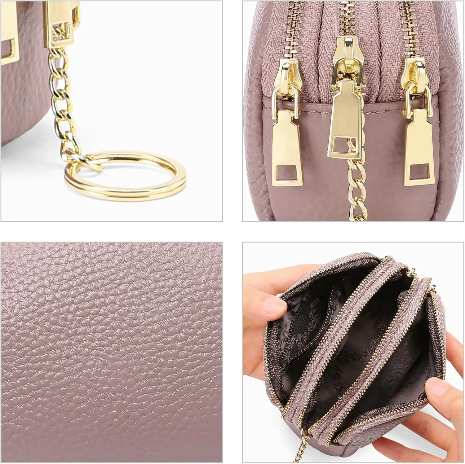 SENDEFN Small Coin Purse Leather 3 Zippered Change Pouch Wallet with Key Ring for Women