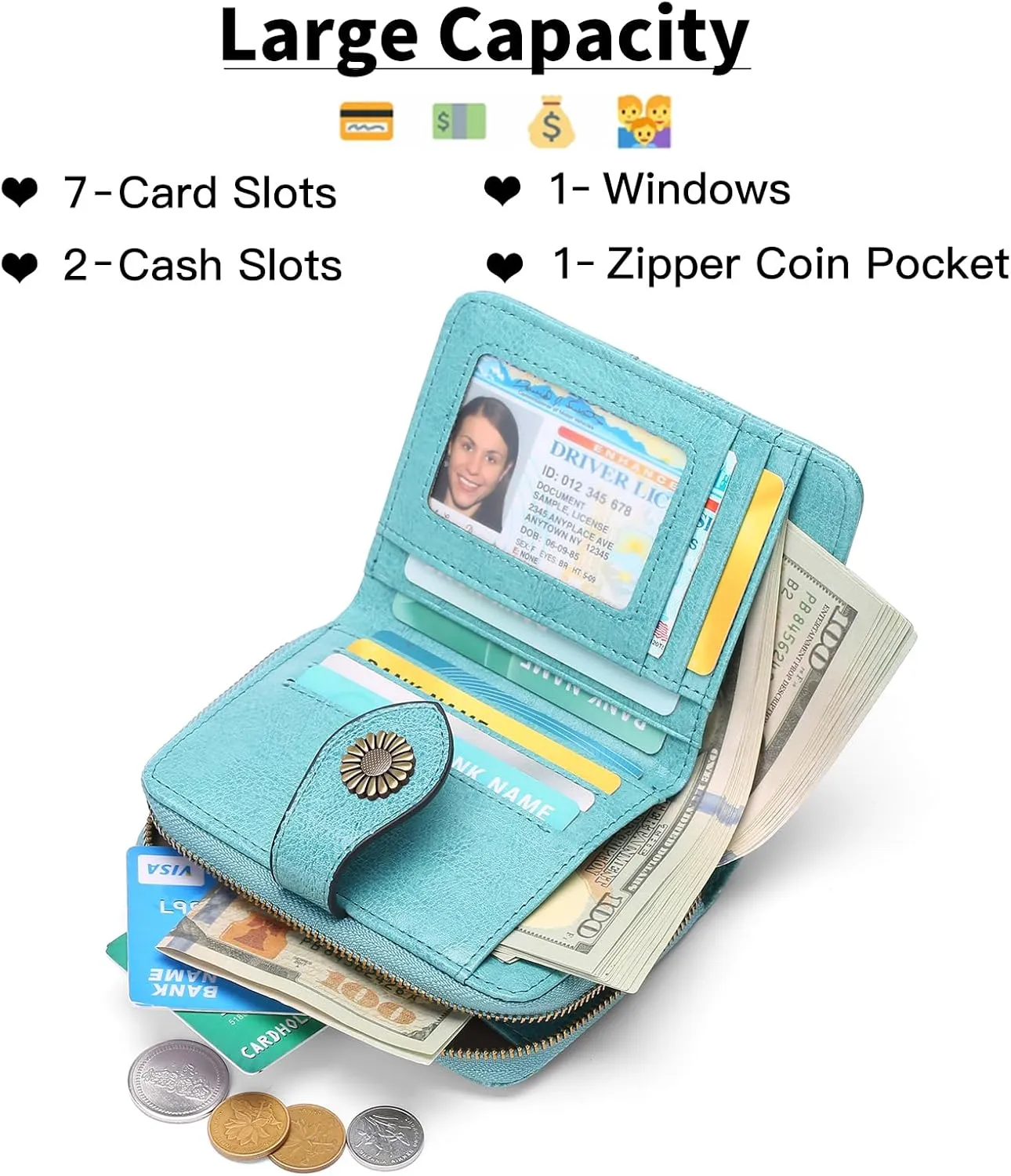 SENDEFN Small Womens Wallet Leather RFID Blocking with Multiple Card Slots and Zipper Coin Pocket