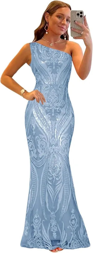 Sequin One Shoulder Prom Dresses for Women Mermaid Long Ball Gown Tight Sparkly Formal Evening Party Dress