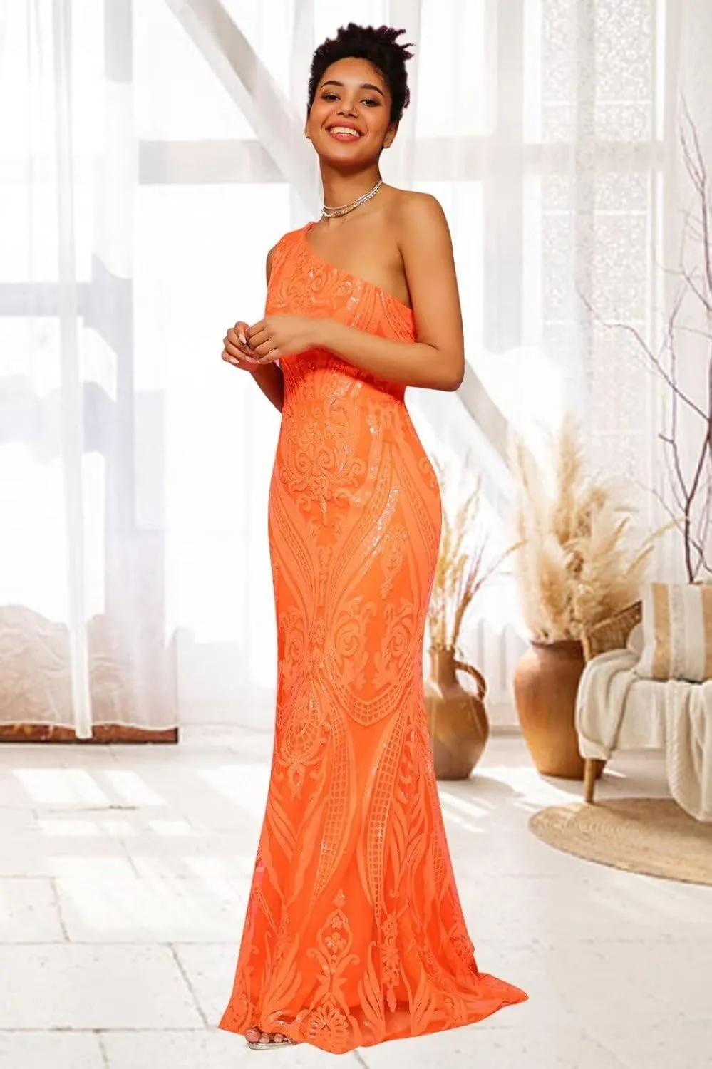 Sequin One Shoulder Prom Dresses for Women Mermaid Long Ball Gown Tight Sparkly Formal Evening Party Dress