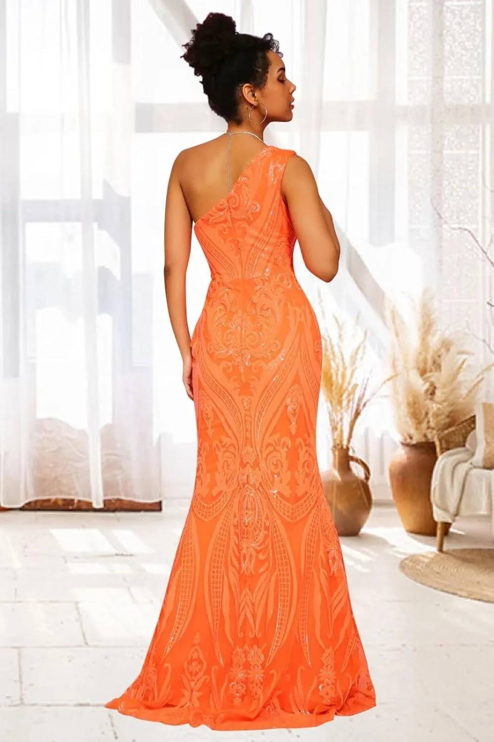 Sequin One Shoulder Prom Dresses for Women Mermaid Long Ball Gown Tight Sparkly Formal Evening Party Dress