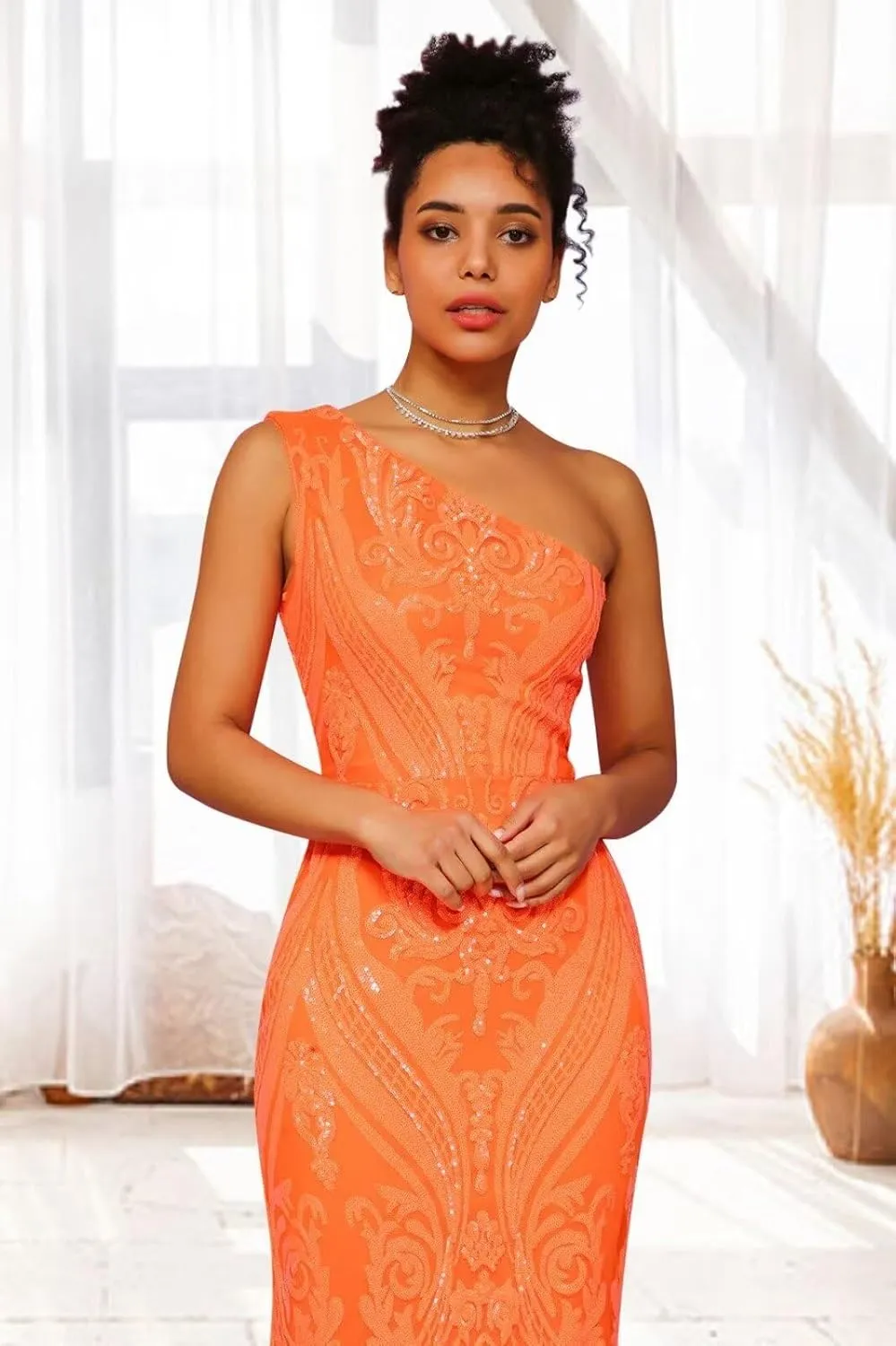 Sequin One Shoulder Prom Dresses for Women Mermaid Long Ball Gown Tight Sparkly Formal Evening Party Dress