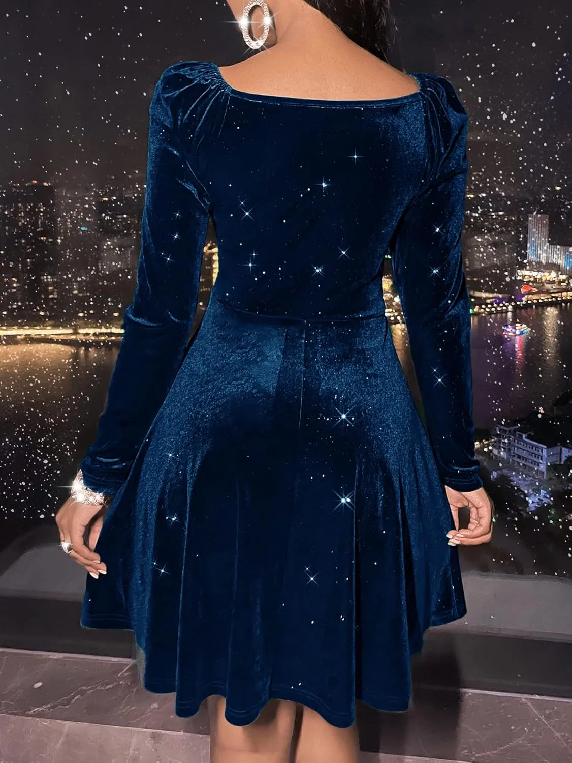 Sexyasasii Womens Wrap V Neck Long Sleeve Velvet Glitter A Line Cocktail Party Swing Fit and Flare Skater Mini Dress