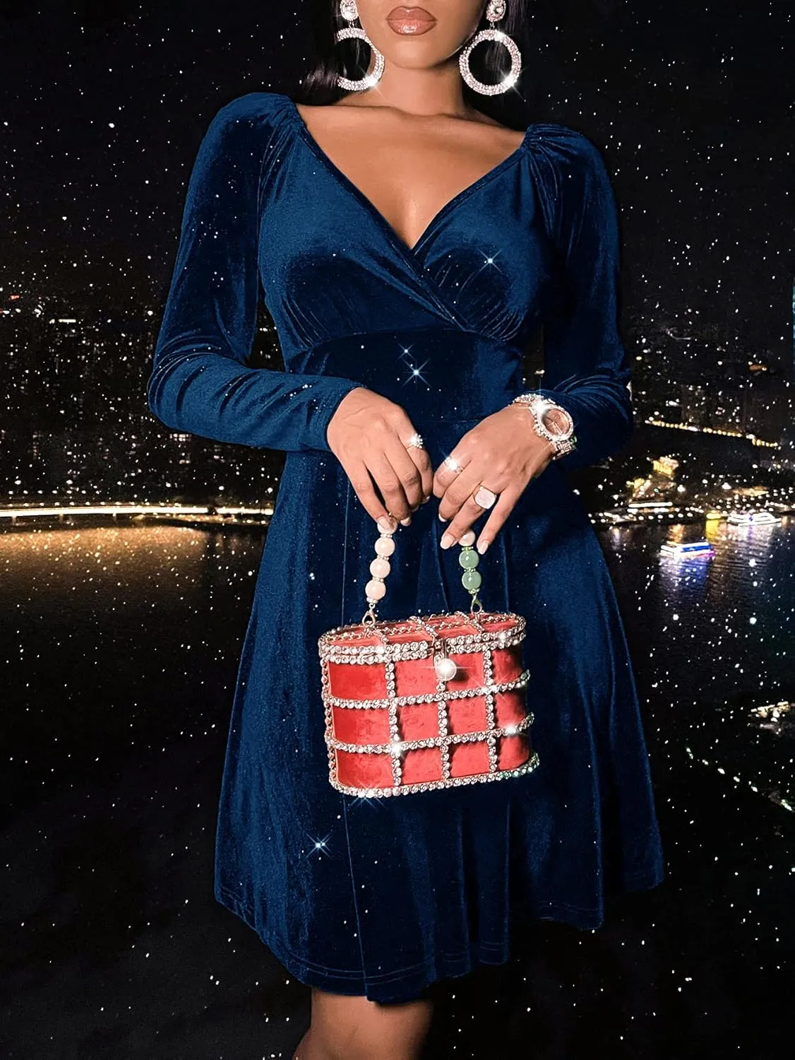 Sexyasasii Womens Wrap V Neck Long Sleeve Velvet Glitter A Line Cocktail Party Swing Fit and Flare Skater Mini Dress