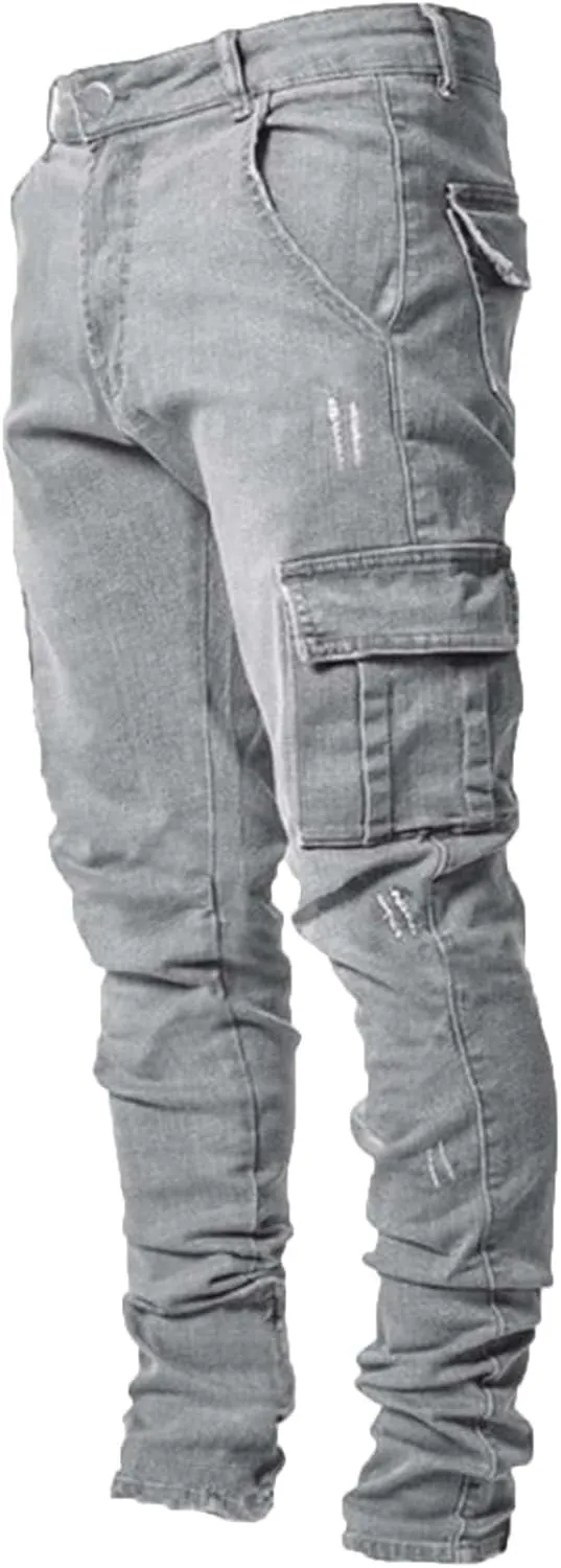 Skinny Cargo Jeans Men's Casual Stylish Straight Slim Fit Jeans Young Hiphop Ripped Hole Destroyed Denim Pants