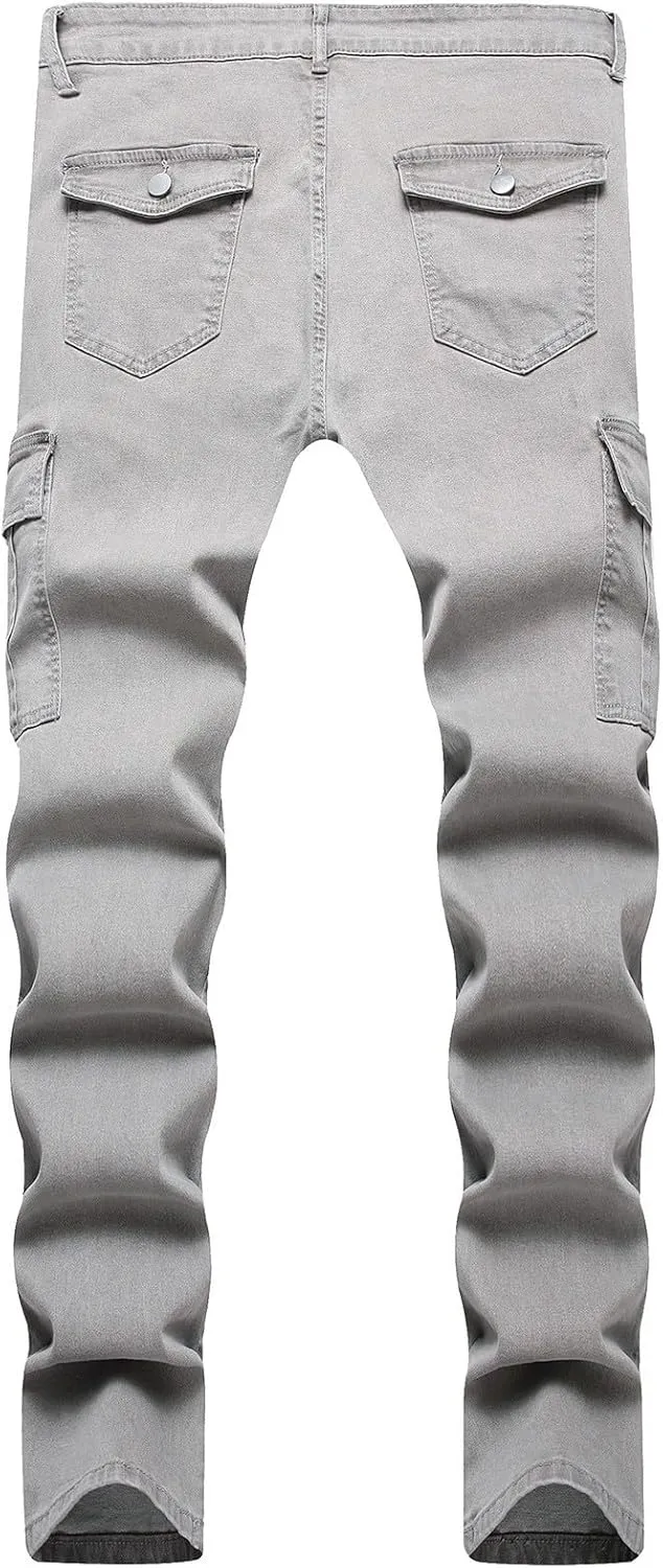 Skinny Cargo Jeans Men's Casual Stylish Straight Slim Fit Jeans Young Hiphop Ripped Hole Destroyed Denim Pants