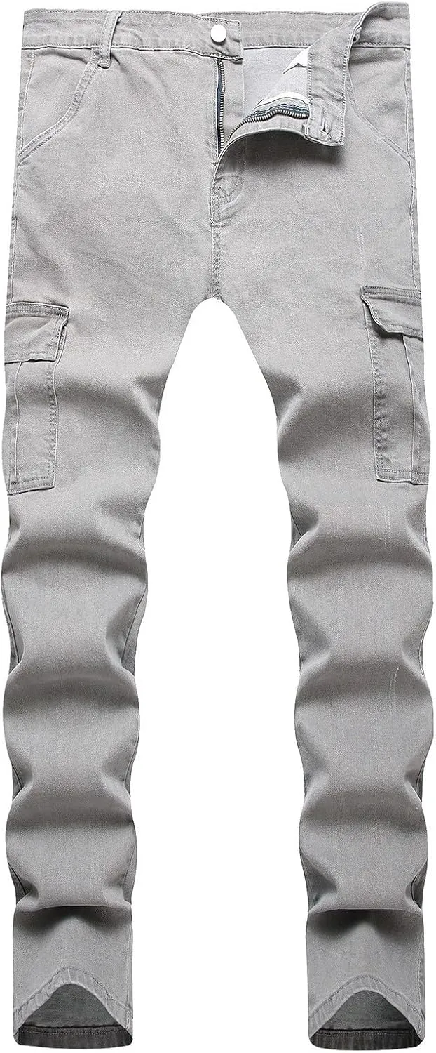 Skinny Cargo Jeans Men's Casual Stylish Straight Slim Fit Jeans Young Hiphop Ripped Hole Destroyed Denim Pants