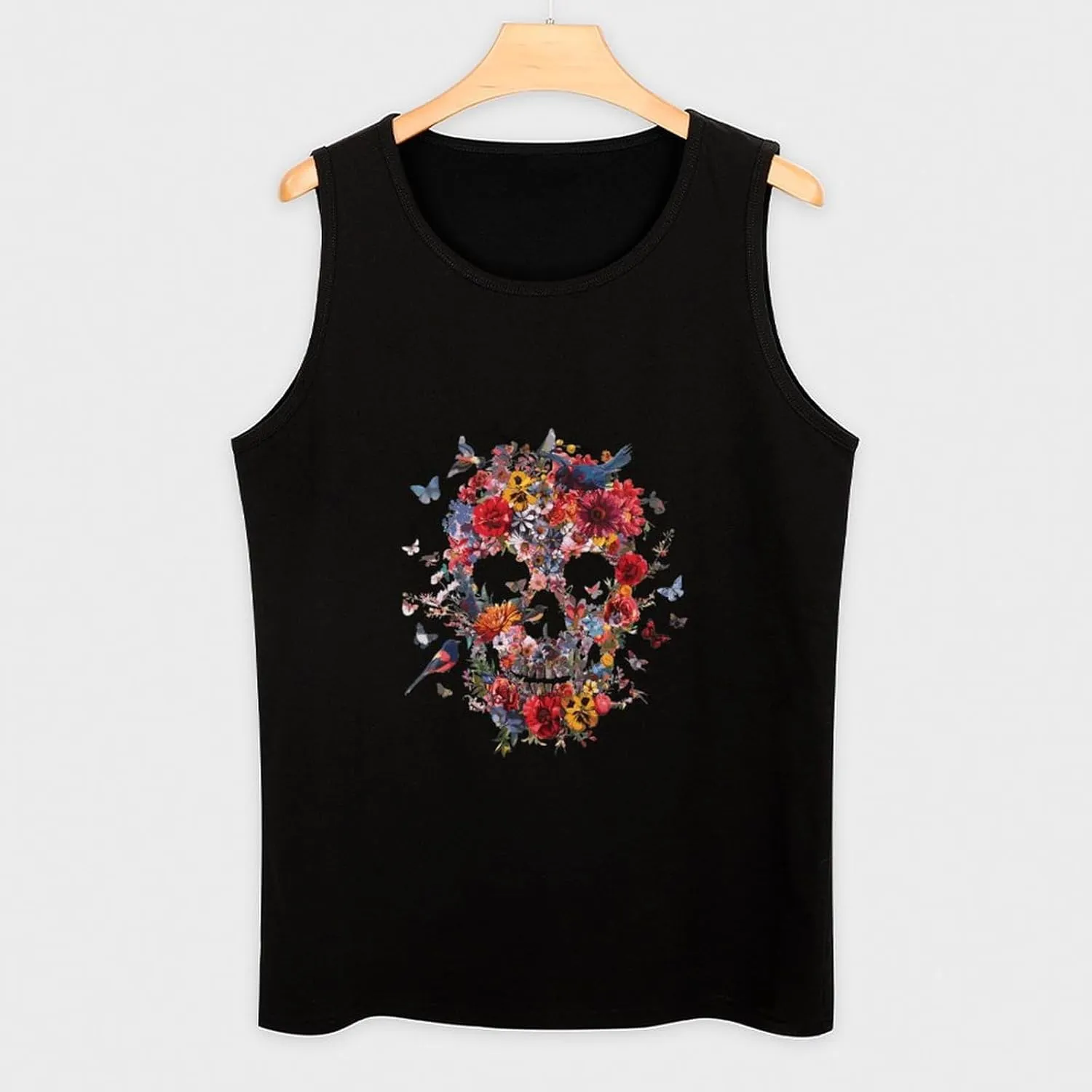 Skull Flowers and Birds Mens Tank Top Cotton Undershirt Crewneck Sleeveless Shirt for Summer