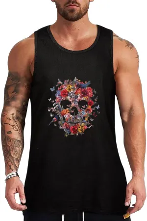 Skull Flowers and Birds Mens Tank Top Cotton Undershirt Crewneck Sleeveless Shirt for Summer