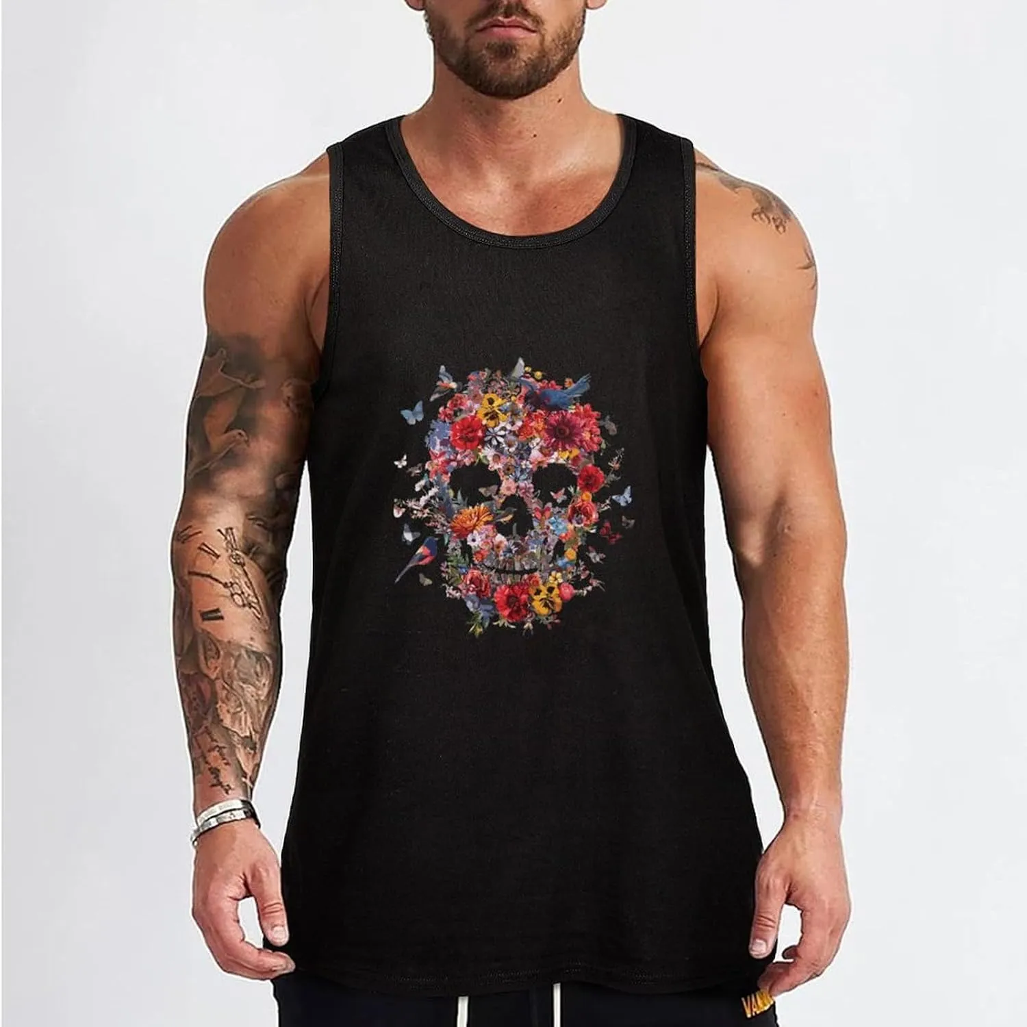 Skull Flowers and Birds Mens Tank Top Cotton Undershirt Crewneck Sleeveless Shirt for Summer