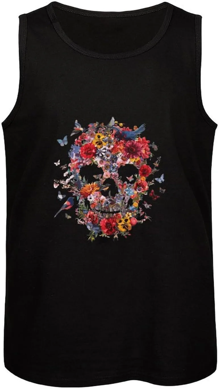 Skull Flowers and Birds Mens Tank Top Cotton Undershirt Crewneck Sleeveless Shirt for Summer