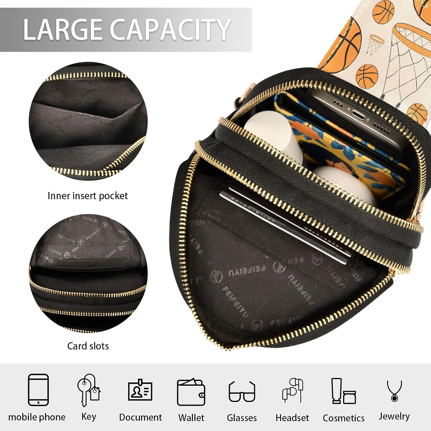 Small Sling Bag for Women Basketball Rings and Balls Leather Fanny Pack Crossbody Bag Chest Bag Trendy Fashion Waist Packs for Outdoor Travel Sports Hiking Outfit