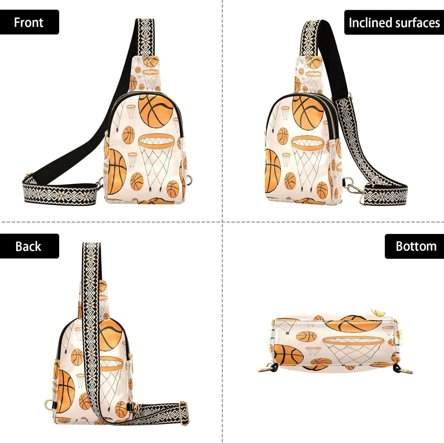 Small Sling Bag for Women Basketball Rings and Balls Leather Fanny Pack Crossbody Bag Chest Bag Trendy Fashion Waist Packs for Outdoor Travel Sports Hiking Outfit