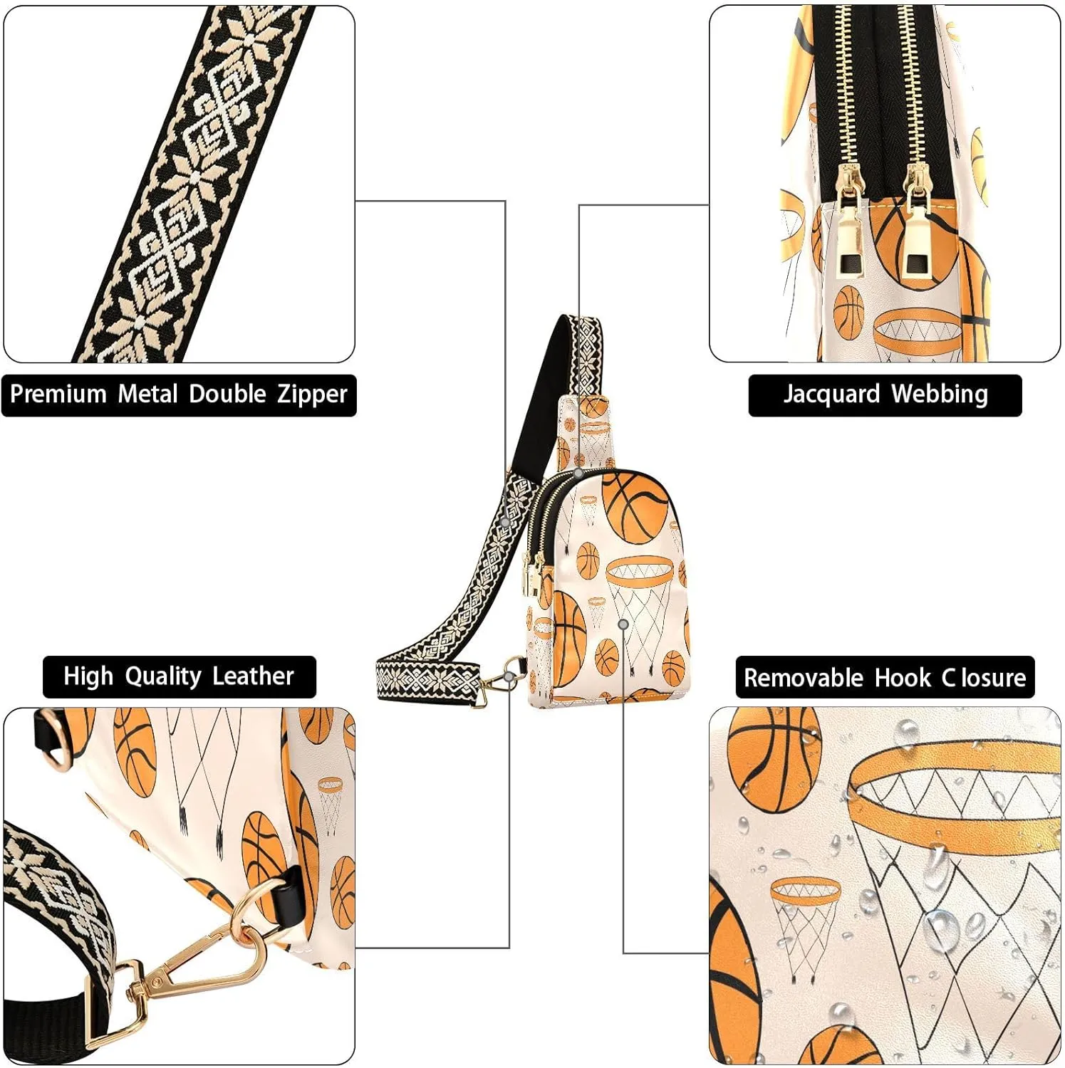 Small Sling Bag for Women Basketball Rings and Balls Leather Fanny Pack Crossbody Bag Chest Bag Trendy Fashion Waist Packs for Outdoor Travel Sports Hiking Outfit