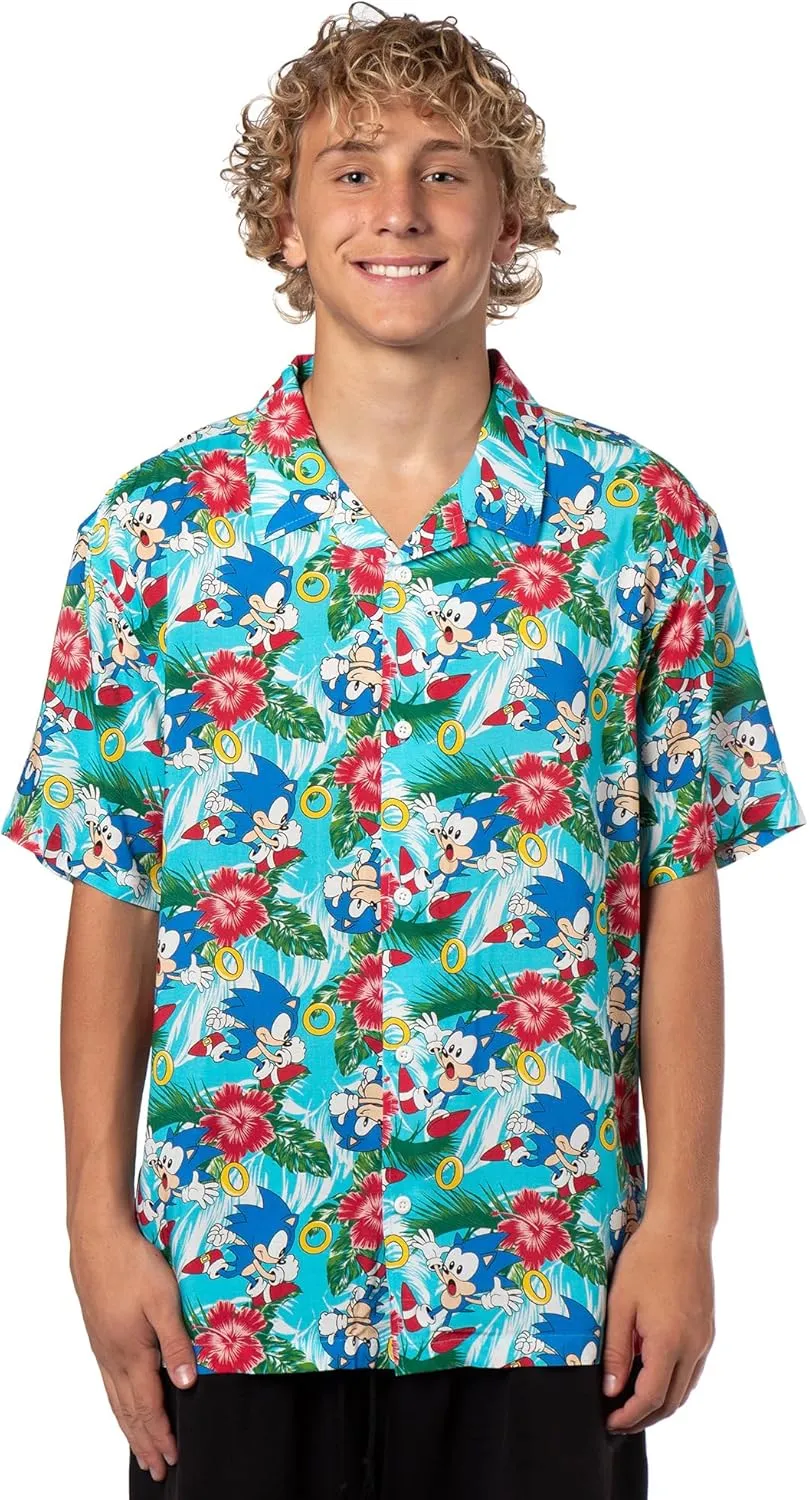 Sonic The Hedgehog Men's Hawaiian Floral Character Design Button-Up Woven Shirt