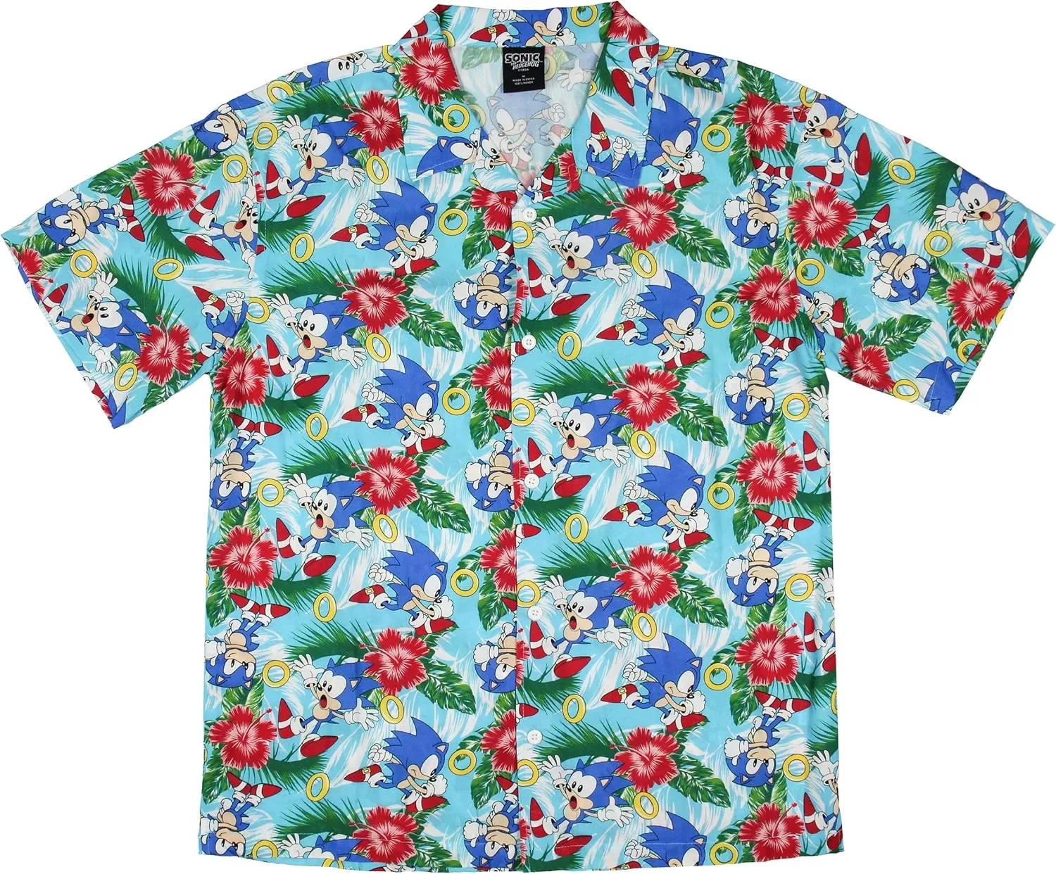 Sonic The Hedgehog Men's Hawaiian Floral Character Design Button-Up Woven Shirt