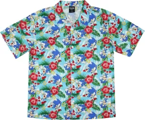 Sonic The Hedgehog Men's Hawaiian Floral Character Design Button-Up Woven Shirt