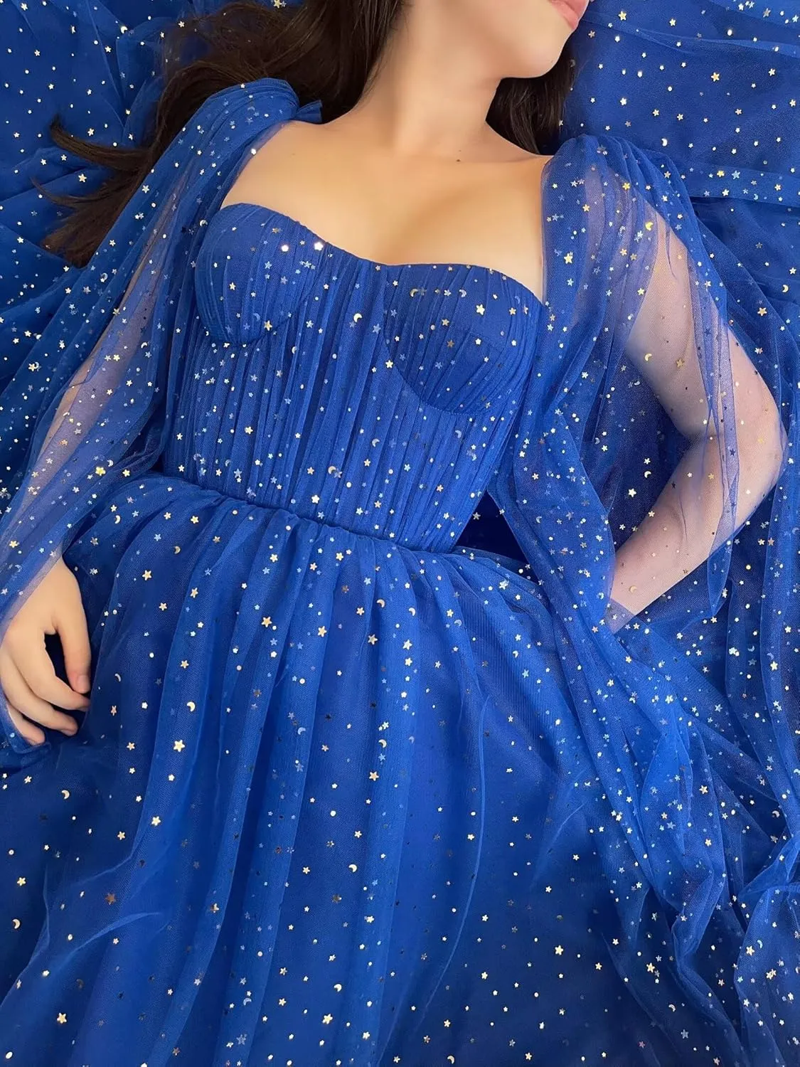 Sparkle Starry Tulle Prom Dresses 2025 Long Sleeve Ball Gown Sweetheart A-line Formal Evening Gowns with Pockets