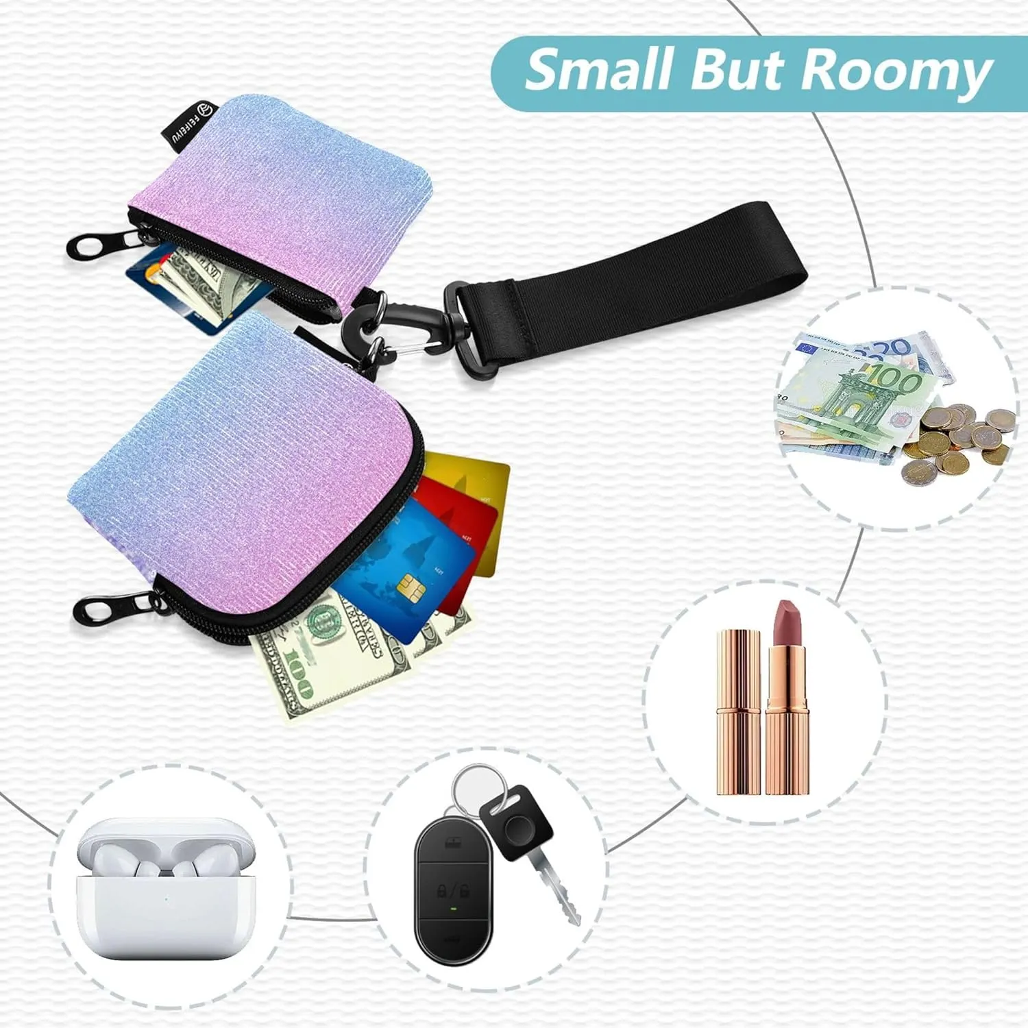 Sparkling Pink Blue Glitter Colorful Women's Wallets Card Cases Mini Fashion Identity Card Protector with Zipper Coin Pocket for Women Men 2 Packs