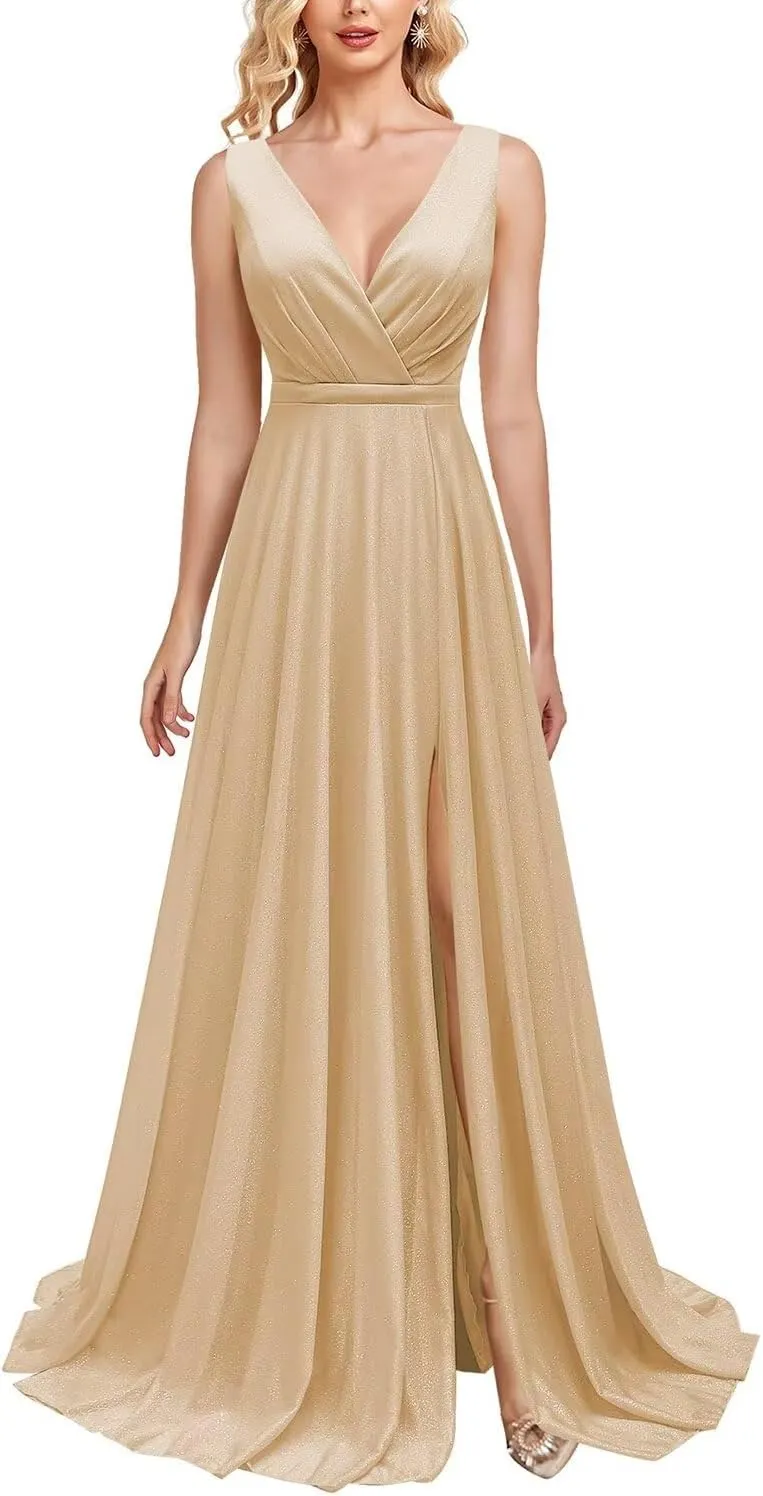 Sparkly Formal Dresses for Women Elegant V Neck Prom Dresses Long Sleeveless A Line Evening Gowns with Slit
