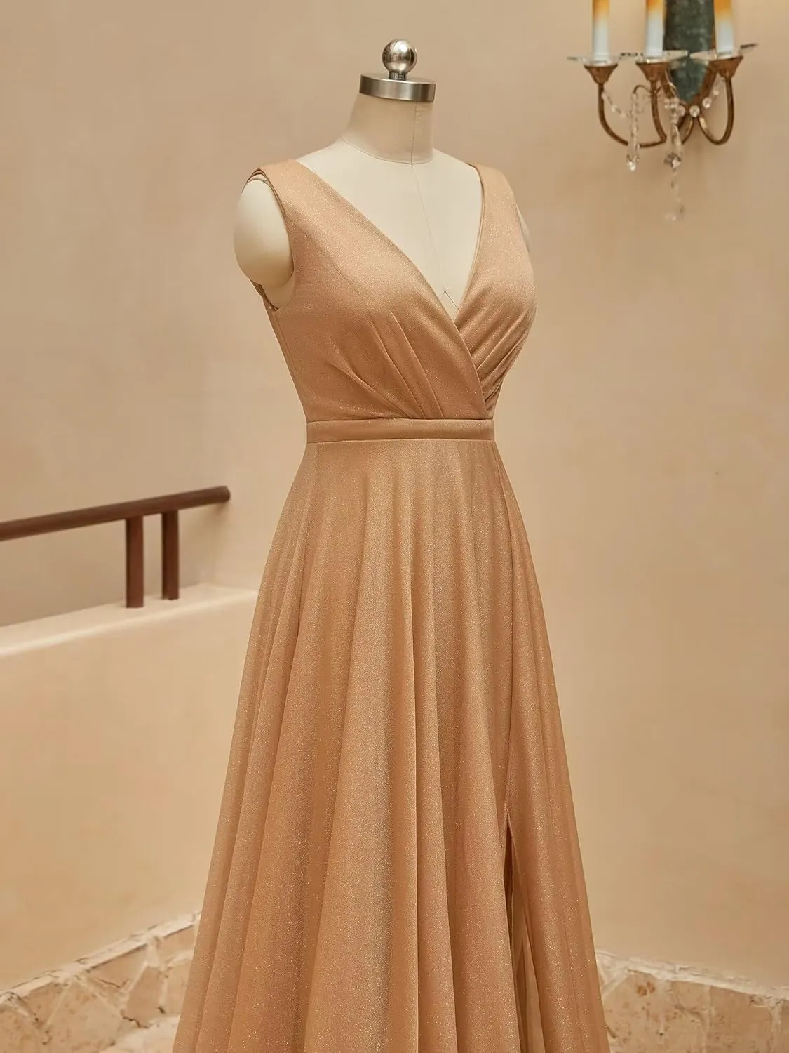 Sparkly Formal Dresses for Women Elegant V Neck Prom Dresses Long Sleeveless A Line Evening Gowns with Slit