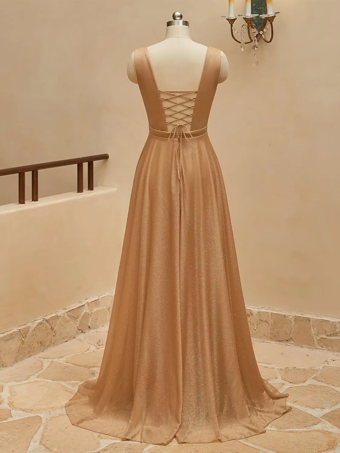 Sparkly Formal Dresses for Women Elegant V Neck Prom Dresses Long Sleeveless A Line Evening Gowns with Slit